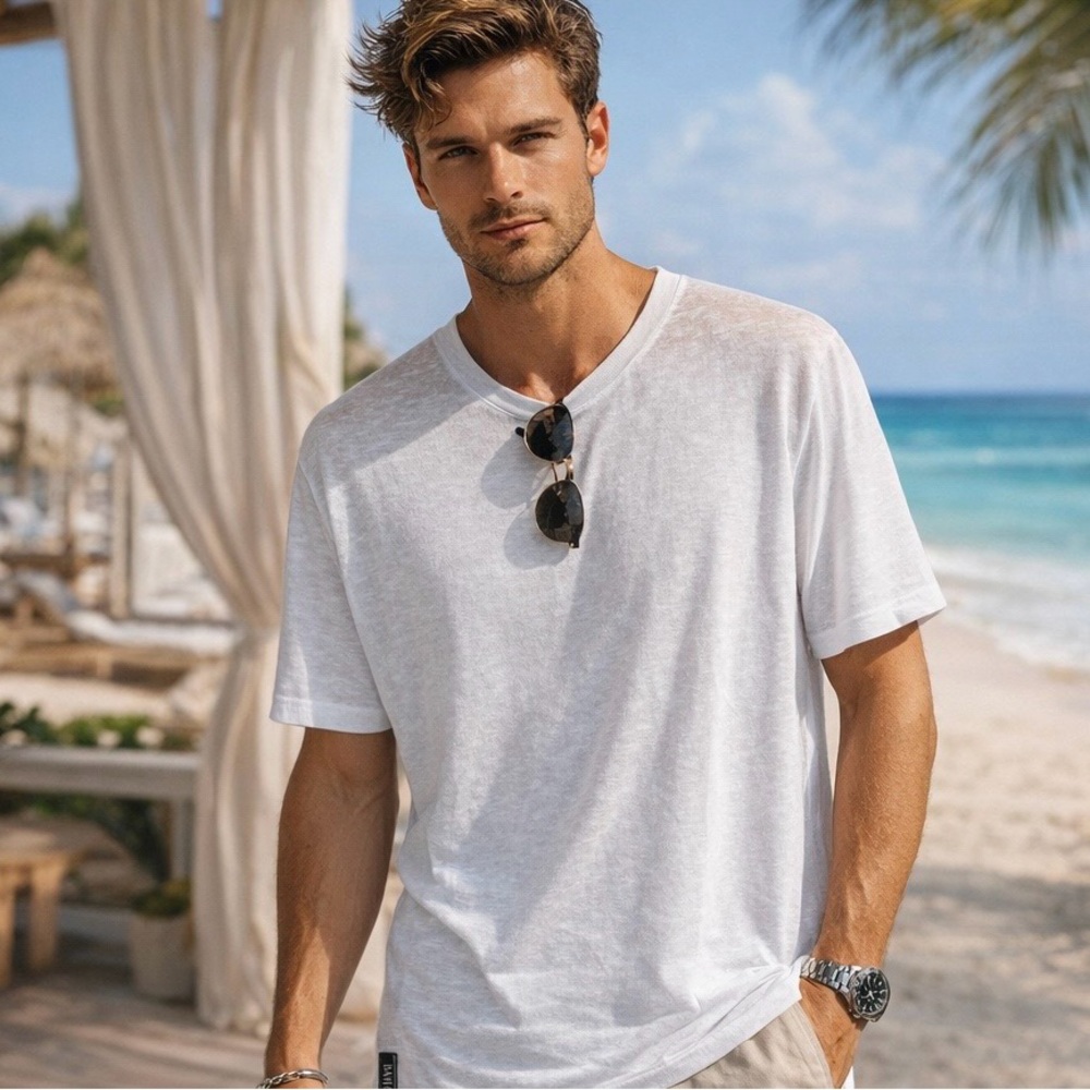 Bain De Mer St. Tropez White Japanese Synthetic Linen Tee XXL Lux ResortWear NWT